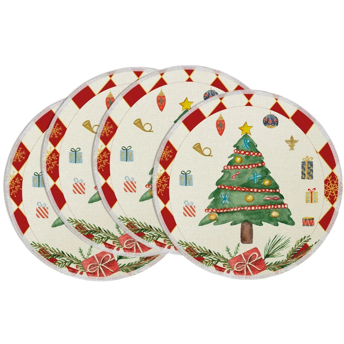 Set of four Christmas linen round coasters featuring a decorated tree and gift icons, perfect for holiday-themed table settings.