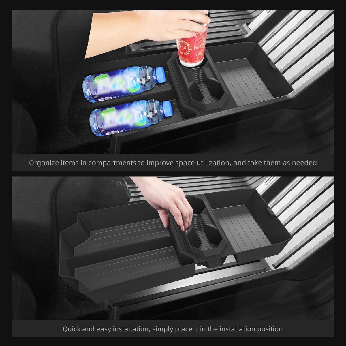 Cybertruck console organizer with drink holder in use, stores bottles and cans, fits 2024-2025 Tesla interior layout.