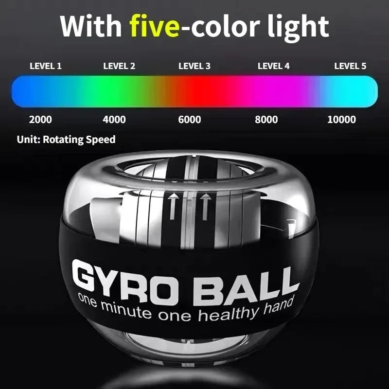 Black Gyro Ball Trainer with five-color LED light levels indicating rotation speed from 2000 to 10000 RPM for progressive wrist training.