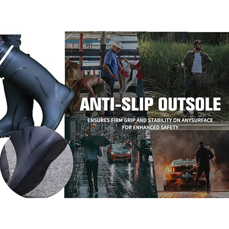 Anti-slip outsole Men's Rain Boots shown in various outdoor activities like fishing and hiking, ensuring grip and safety.