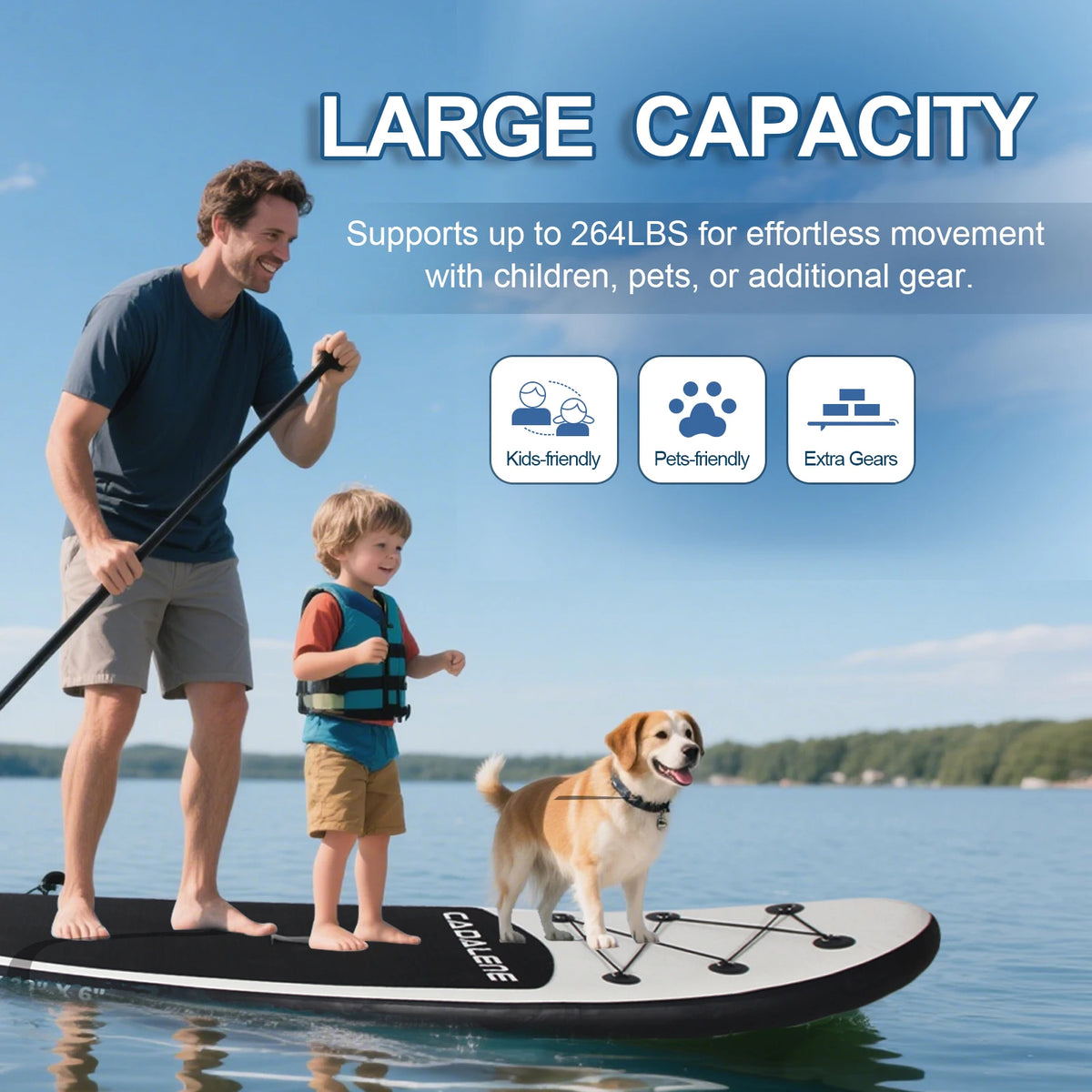 Man paddling on CADALENE Inflatable SUP Board with child and dog. Large capacity supports up to 264 lbs for family-friendly water adventures.