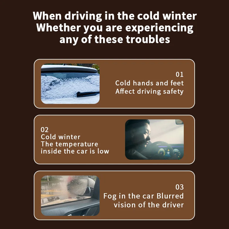 Winter Driving Issues Solved by Car Heater & Defogger | Tackles cold hands, low cabin temperature, and windshield fogging.