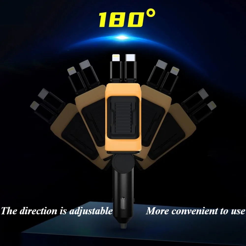 Universal Car Charger - 4 Port QC PD Adapter with 180-degree adjustable head, showing flexible orientation for convenient in-car charging.
