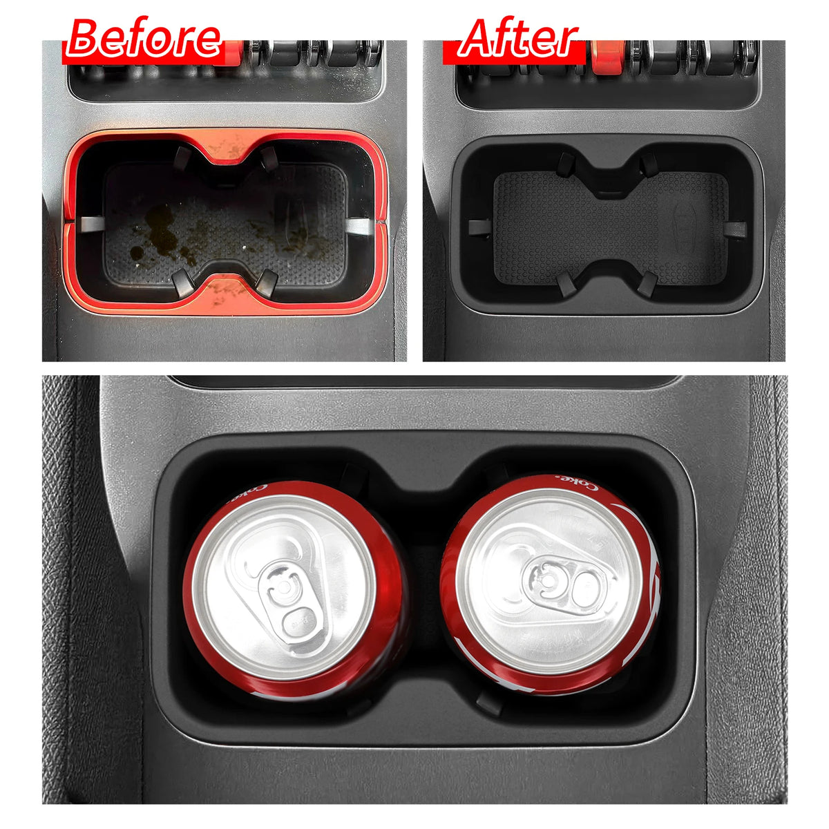BYD Shark 2025 Organizer - Cup holder before and after images highlight cleaner, more functional drink storage with TPE insert.