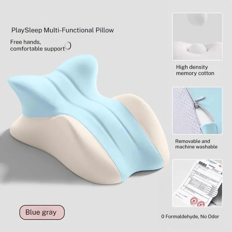 Blue-gray PlaySleep Multi-Functional Pillow with dual-tone design provides ergonomic support and comfort for couples' closer moments.