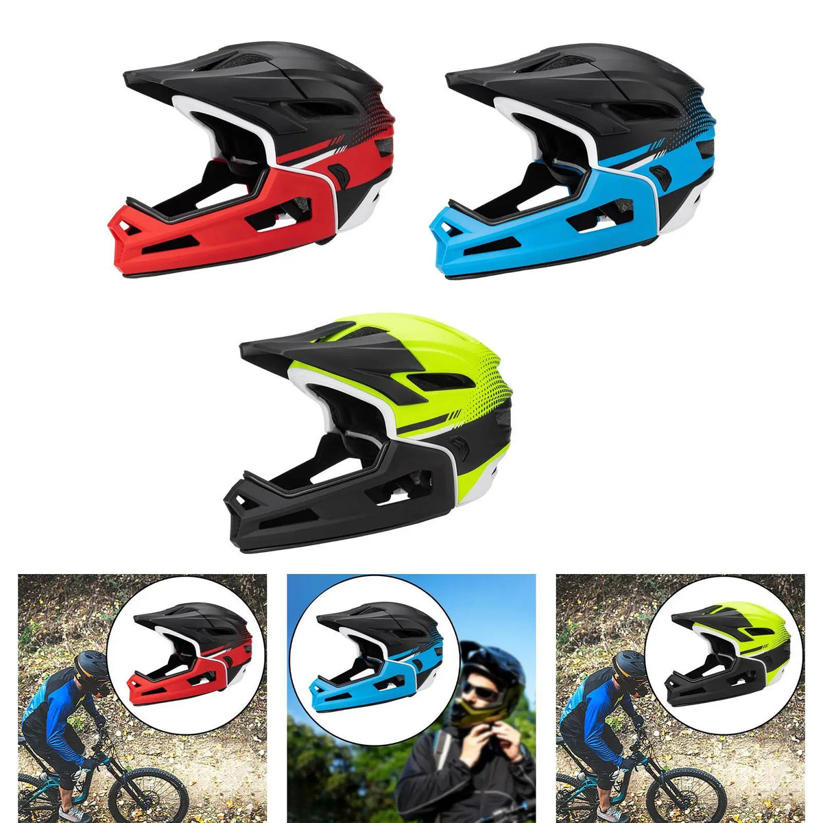Cyclists wearing breathable full-face helmets in red, blue, and yellow. Ideal for men and women engaging in outdoor cycling activities.