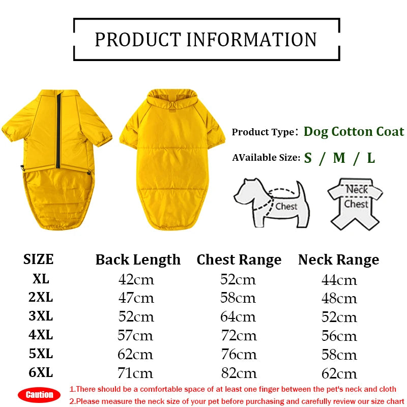 Yellow Large Dog Winter Jacket with size chart for XL to 6XL. Cozy cotton coat for large breeds like Labs and Dobermans.