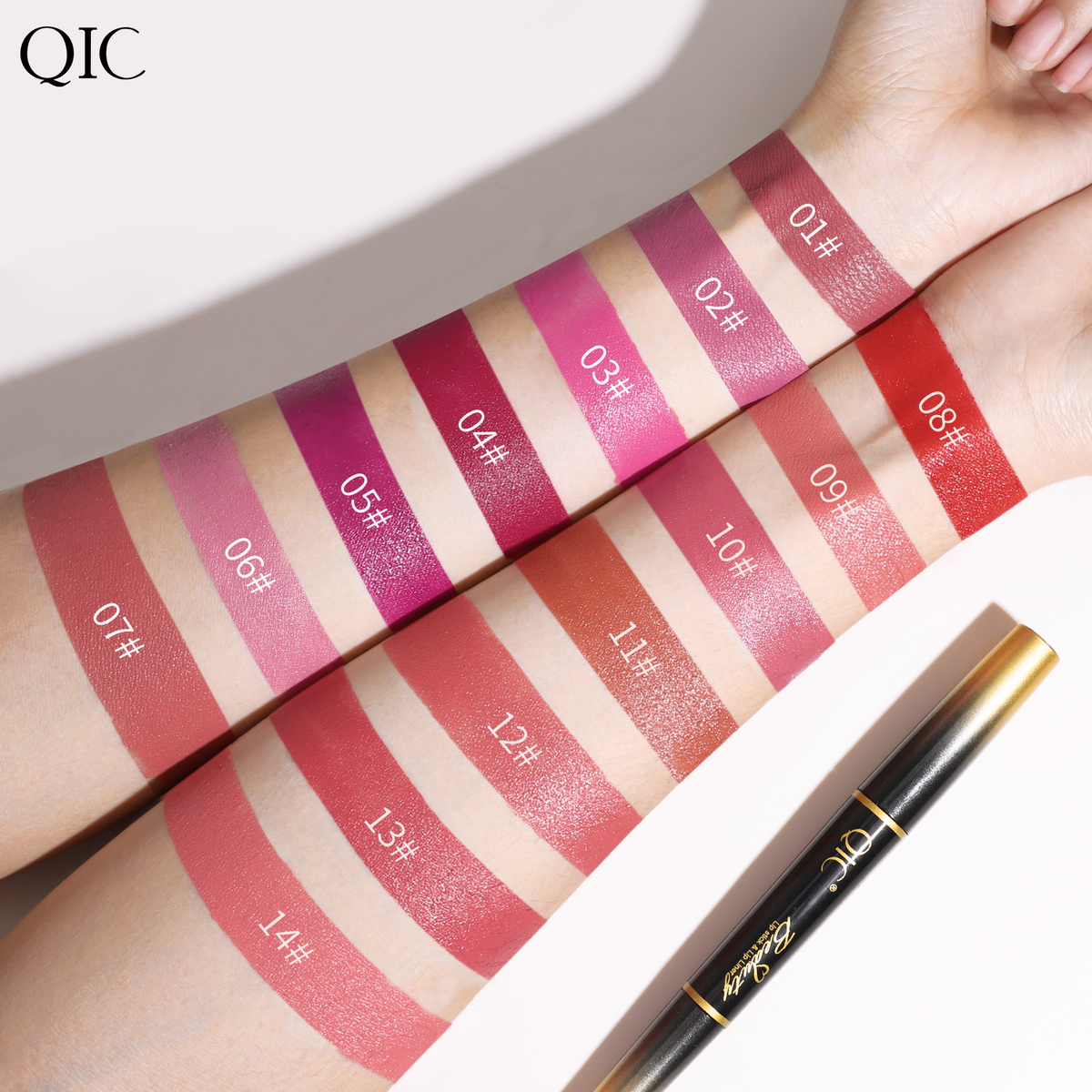 Arm swatches of 14 vibrant shades of the 2-in-1 Dual-Ended Lipstick & Liner Matte Waterproof & Transfer-Proof Lip Combo for all-day wear
