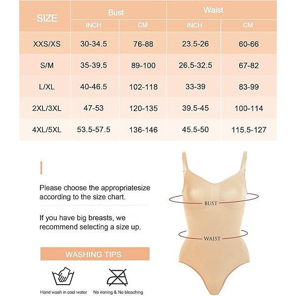 Size chart for seamless tummy control bodysuit with bust and waist measurements in inches and centimeters for accurate fit.