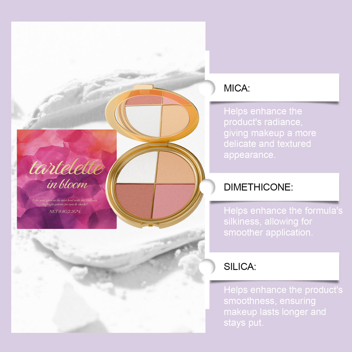 Eye & Cheek Palette ingredients breakdown showing mica, dimethicone, and silica benefits for smooth, radiant, and long-lasting makeup results.
