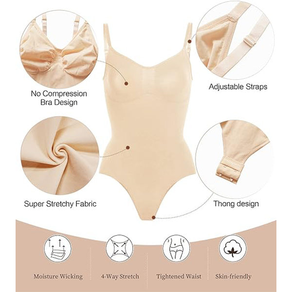 Features of nude seamless sculpting bodysuit including adjustable straps, thong design, stretchy fabric, and no compression bra.
