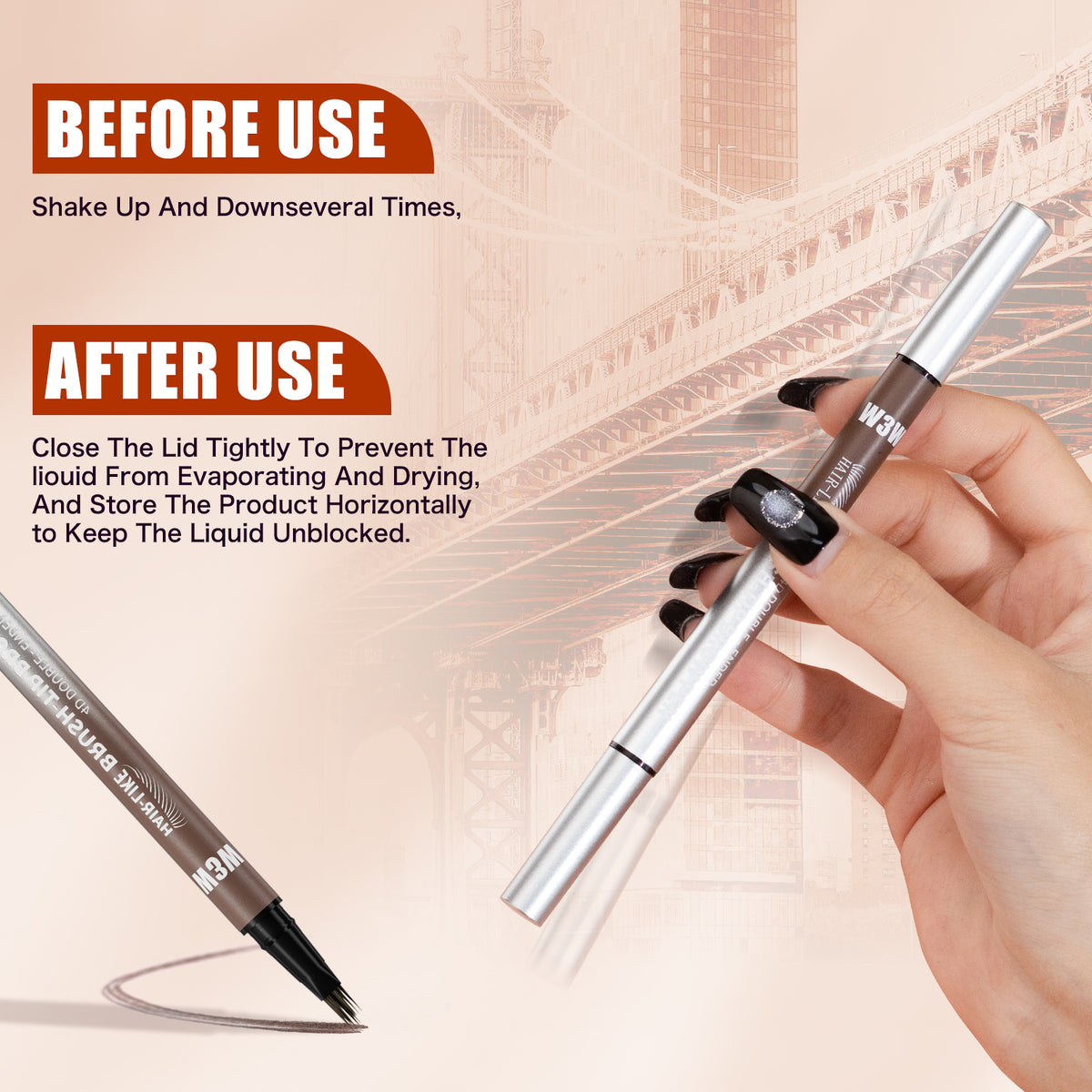 Instructions for using and storing the dual-ended eyebrow pencil to maintain liquid flow and prevent drying for long-lasting use.