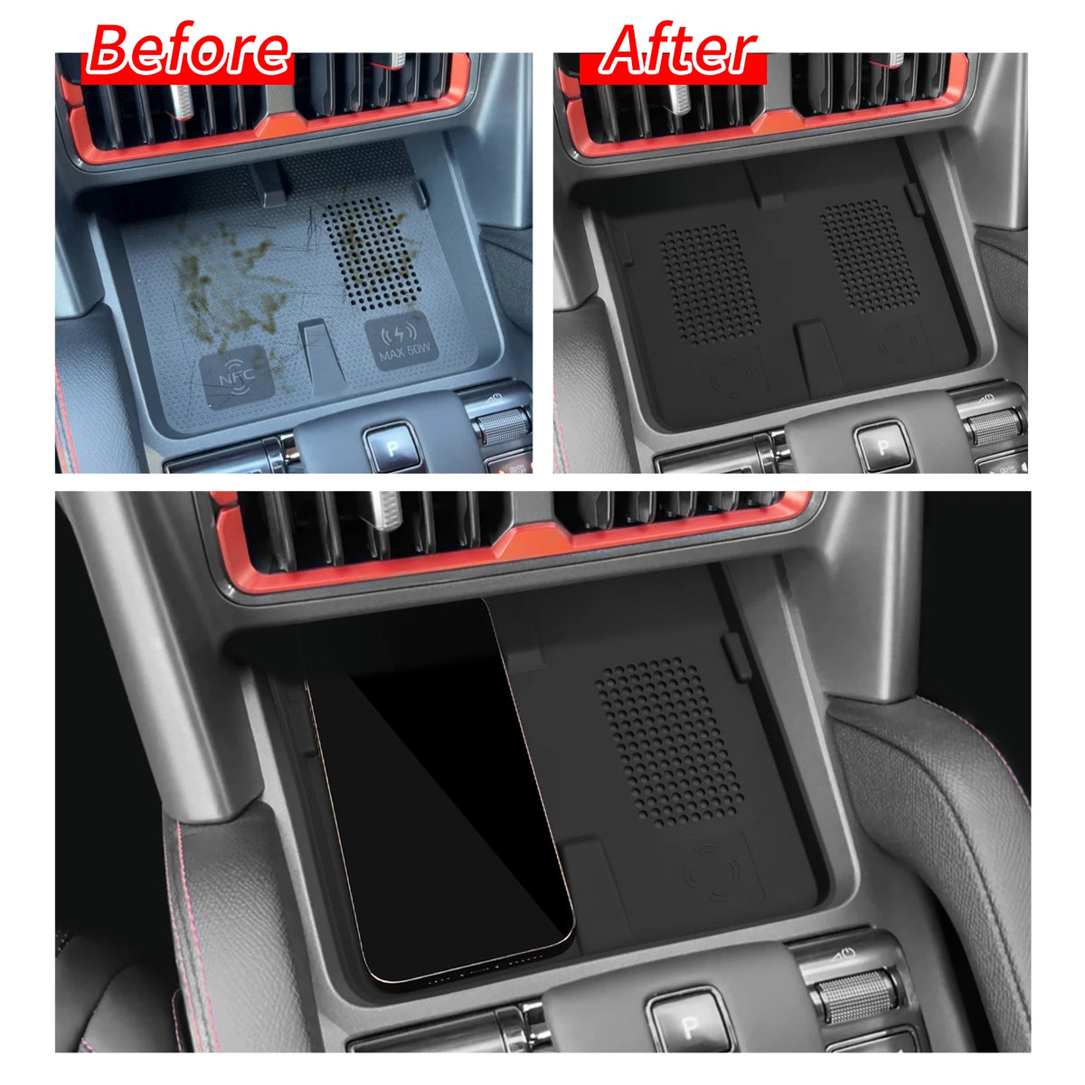 BYD Shark 2025 Organizer - Wireless charging pad before and after shows enhanced cleanliness and phone charging efficiency.