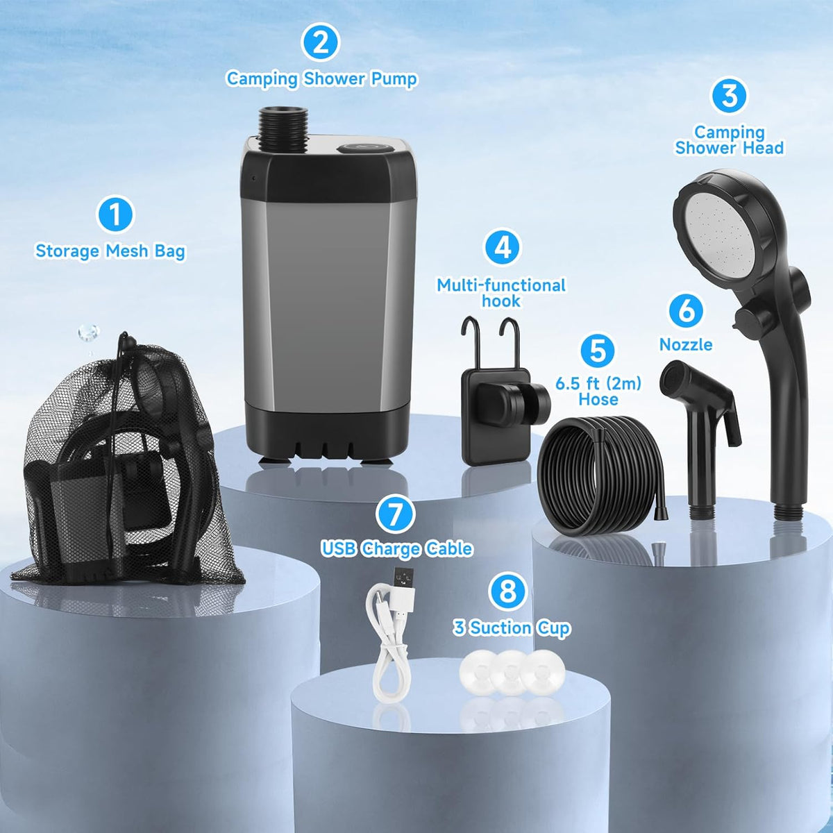 Complete portable camping shower kit including pump, shower head, hose, nozzle, suction cups, USB cable, and mesh storage bag.