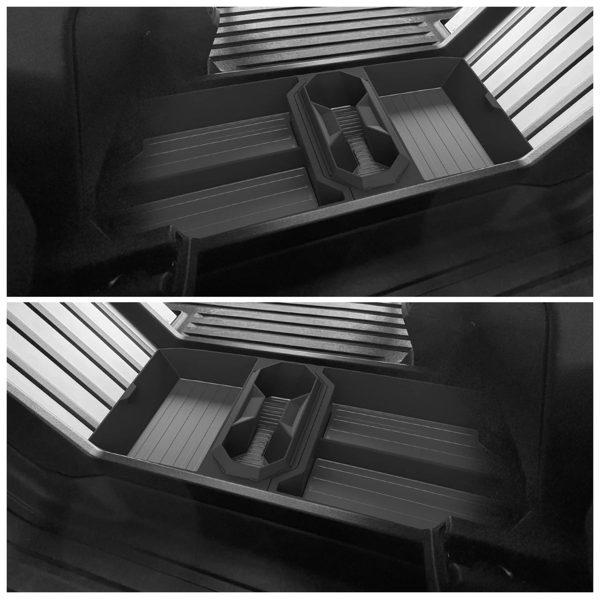 Tesla Cybertruck center console organizer installed in vehicle, dual drink holder design for 2024-2025 models.