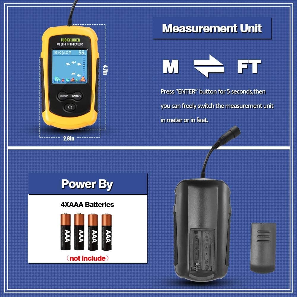 Portable fish finder with LCD display powered by 4 AAA batteries, featuring switchable measurement units in meters or feet for fishing accuracy.