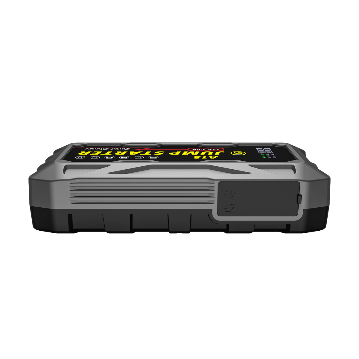 Bottom view of 3000A Jump Starter with PD66W Fast Charge 59200mWh showing sealed USB port cover for dust and water resistance.