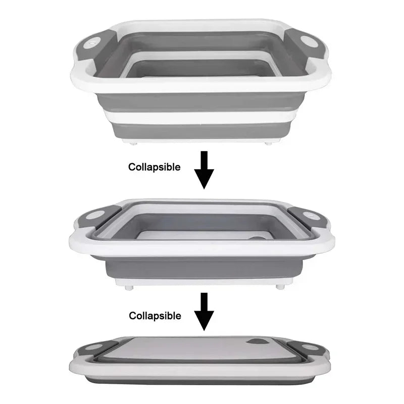 Collapsible Cutting Board Sink shown in three stages: expanded, semi-collapsed, and fully collapsed for compact storage and portability.