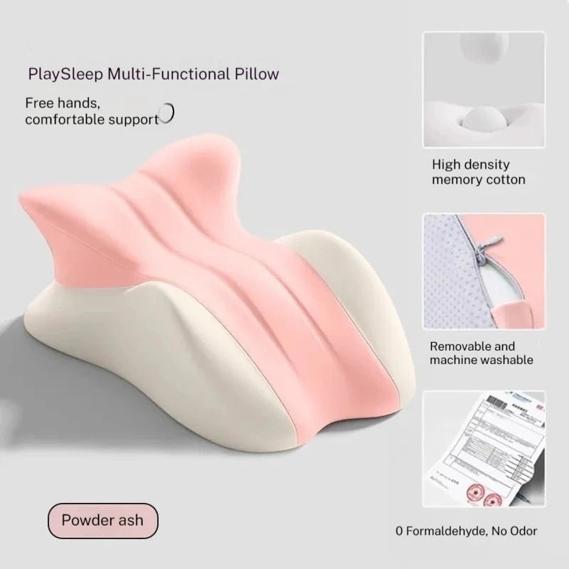 Powder ash PlaySleep Multi-Functional Pillow features soft memory foam and washable cover for cozy, intimate back and lumbar support.