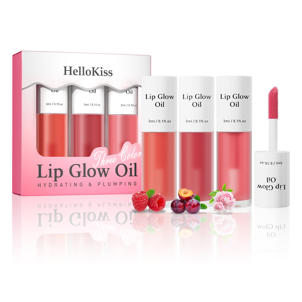 Scented Lip Oil Stain Set - 3-in-1 Beauty with raspberry, cherry, and floral glosses, shown with sleek packaging and applicator.