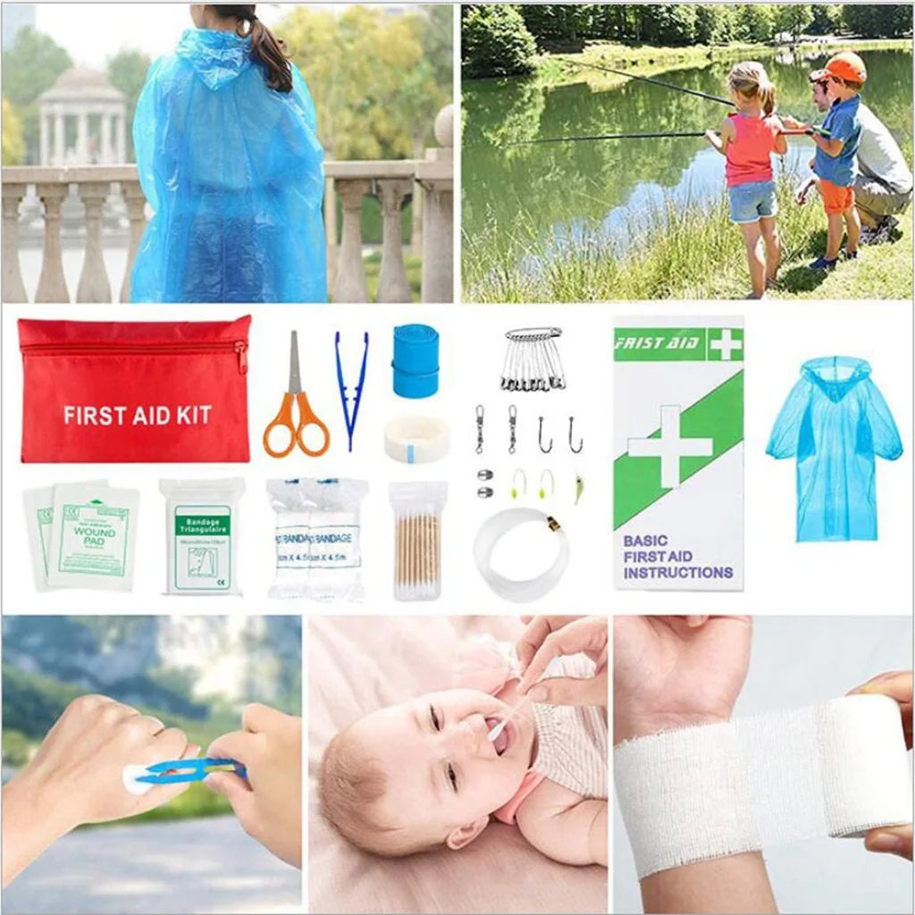 Family-friendly Survival First Aid Kit with medical supplies and poncho, perfect for outdoor activities like fishing, hiking, and camping.