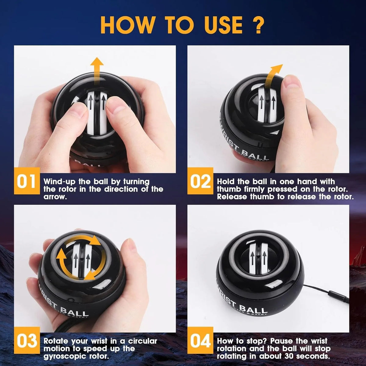 Step-by-step usage guide for Gyro Ball Trainer showing how to wind, start, rotate, and stop the device for effective hand exercise.