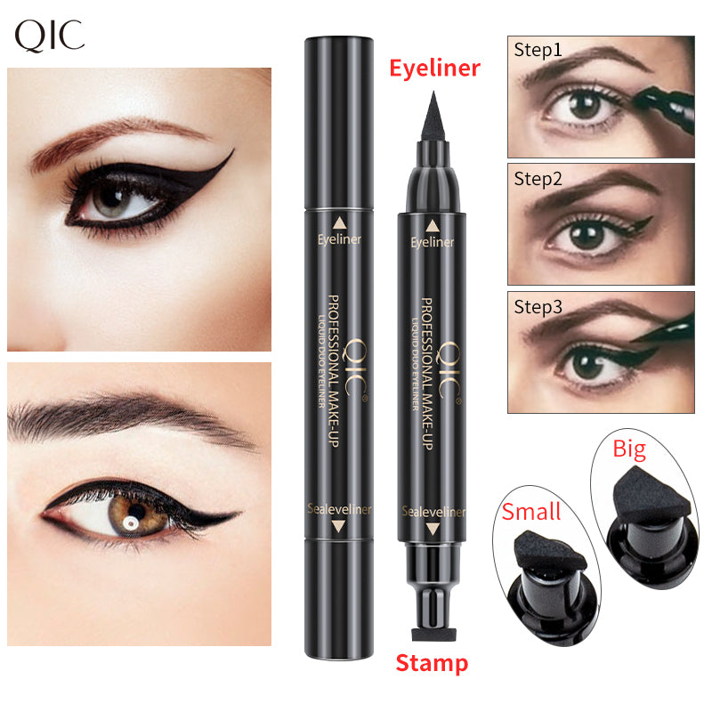 Before and after cat eye looks using 2-Swipe Cat Eye Hack Dual-Ended Magic Wand with stamp and eyeliner tips in small and big sizes.