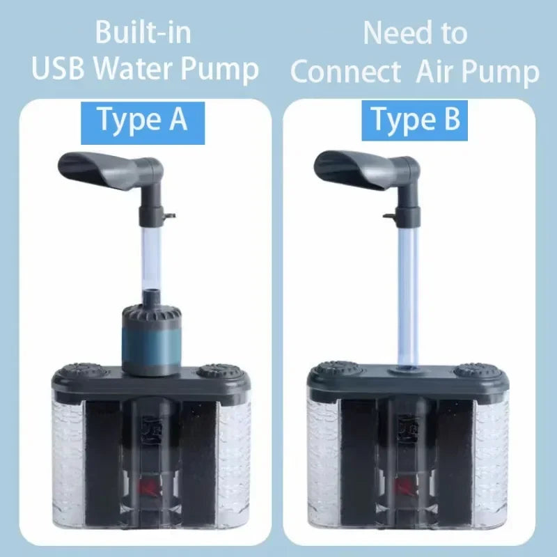 Comparison of Type A USB aquarium filter with built-in pump and Type B requiring external air pump for filtration operation.