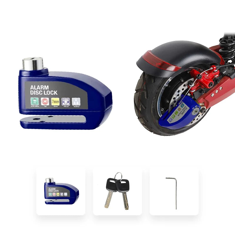 Blue disc lock for electric scooter featuring 110dB alarm and waterproof build, shown on wheel with keys and hex wrench.