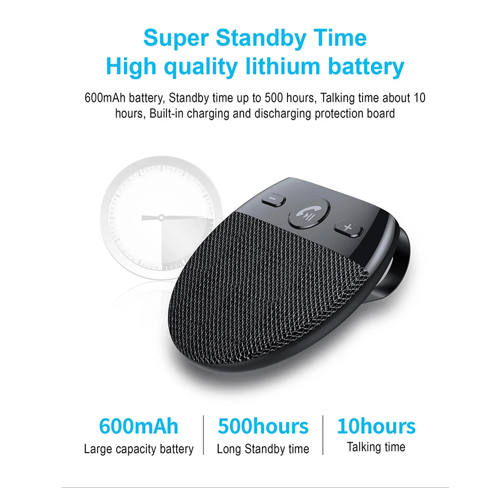 Car Speakerphone Kit with 600mAh battery offers 500 hours standby and 10 hours talk time, ideal for long drives and safe communication.