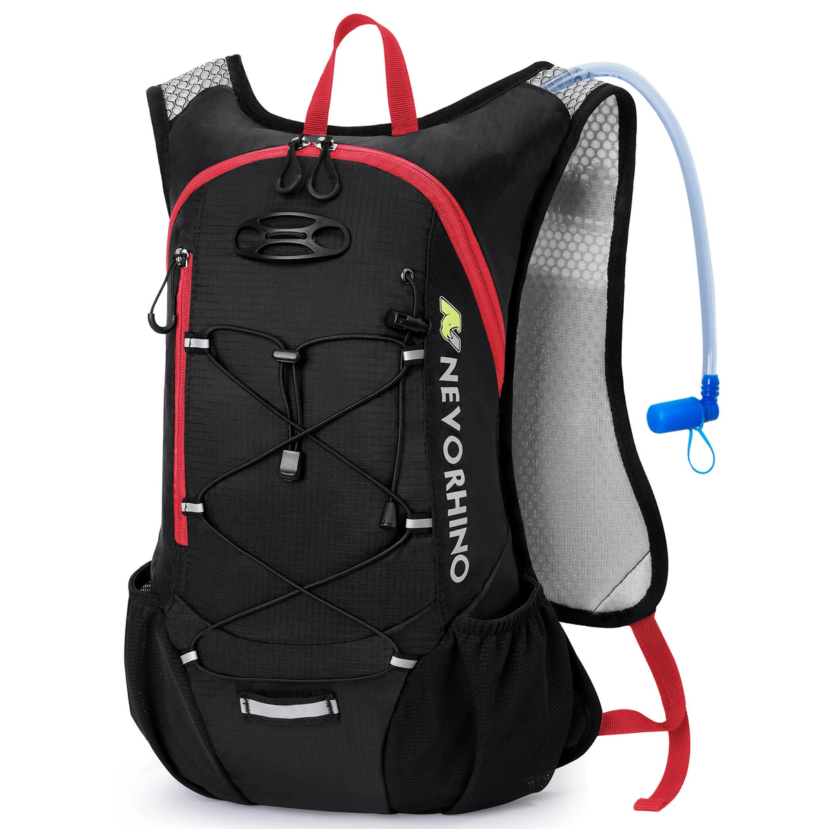 Black and red hydration pack for cycling with 2L bladder, breathable mesh back, and front storage for outdoor activities.