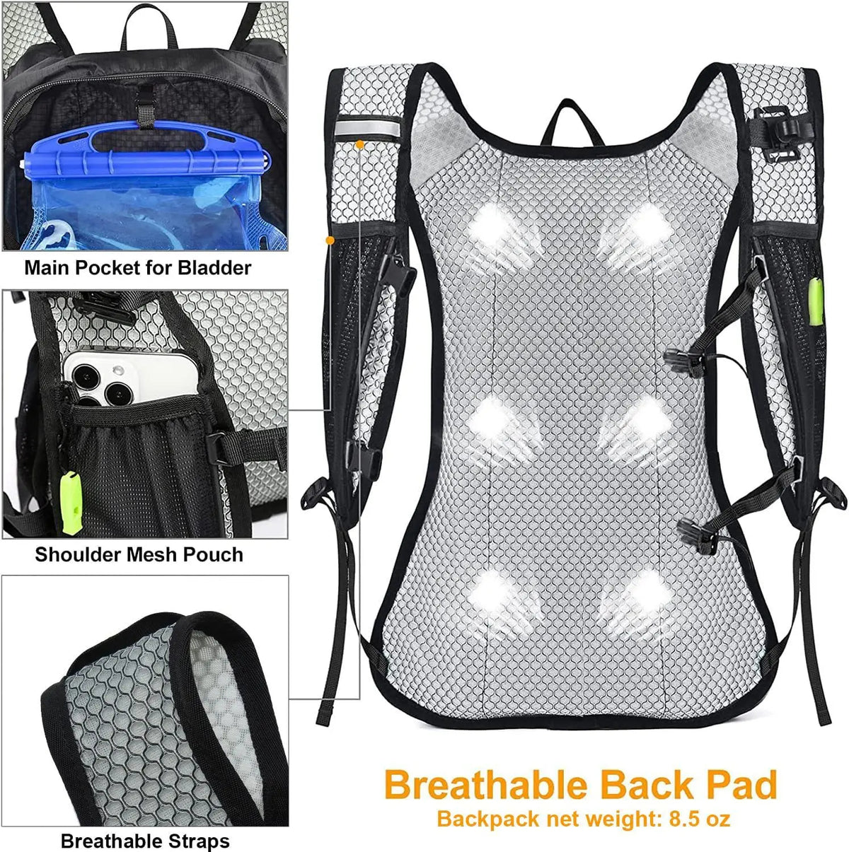 Hydration pack for cycling with 2L leakproof bladder, breathable mesh back pad, and shoulder pouch for phone storage. Lightweight and ideal for hiking.