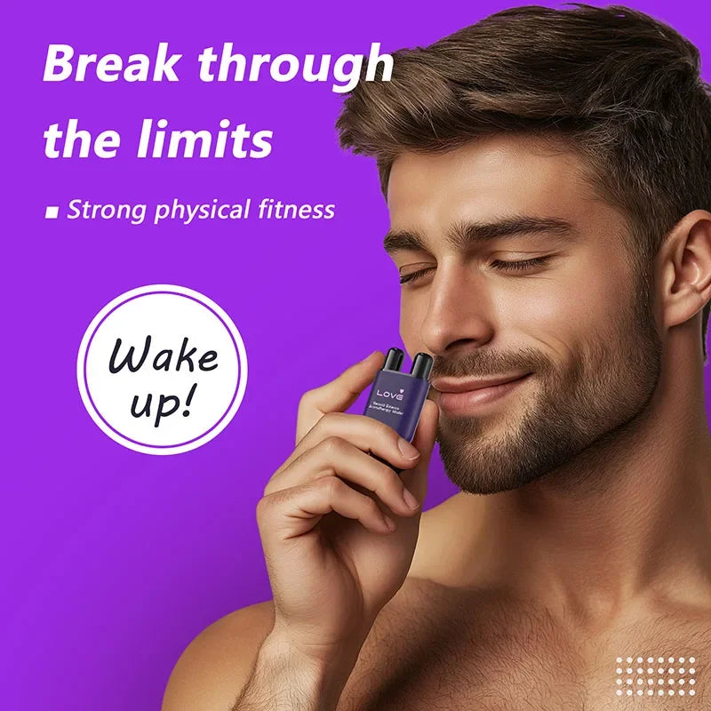 Man enjoying Sensory Essence Aromatherapy Inhaler, promoting strong physical fitness and mental clarity for home and wellness use.