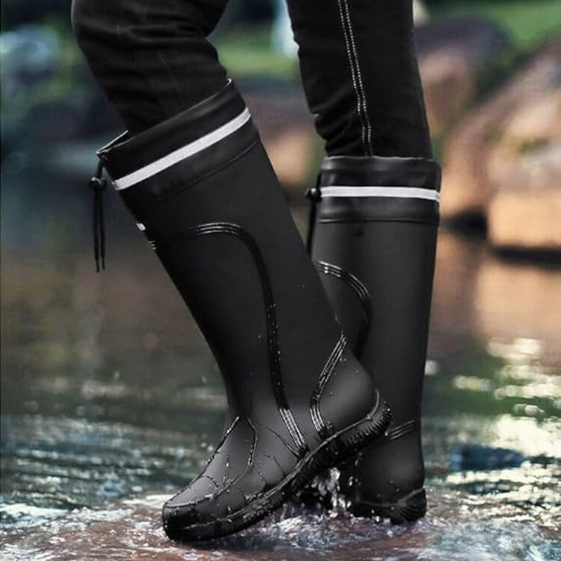 Men's Waterproof Rain Boots in use while walking through water, showcasing high tube design and slip-resistant sole.