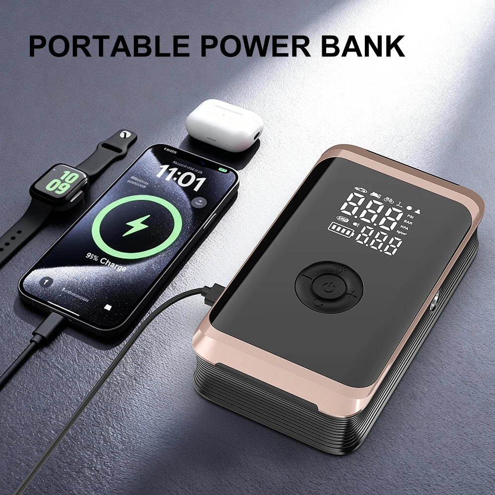 Car Jump Starter Air Compressor used as a portable power bank, charging a smartphone and smartwatch simultaneously.