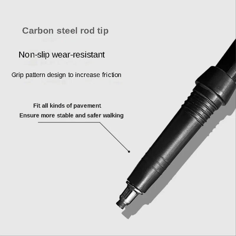 Carbon steel rod tip with non-slip wear-resistant design, enhancing grip and stability on various hiking surfaces.