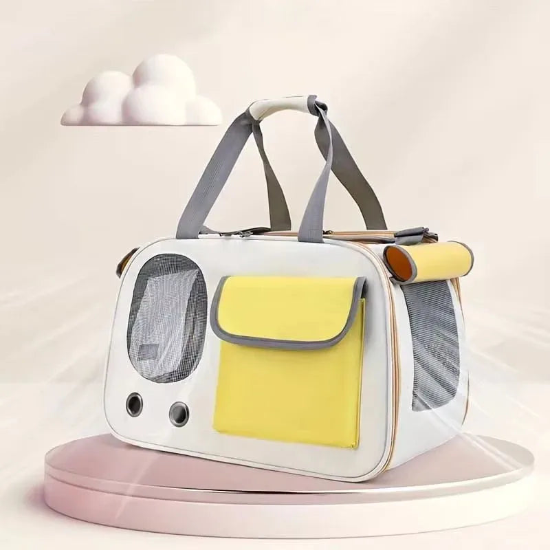 Stylish yellow and white travel pet carrier bag on display stand, designed for easy travel with cats and dogs, featuring breathable mesh panels.