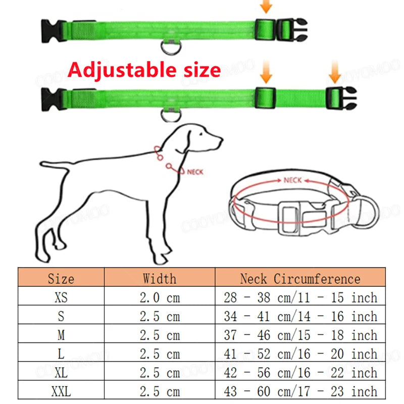 Size chart for adjustable LED dog collars with neck measurements from XS to XXL, ensuring a perfect fit for all dogs.