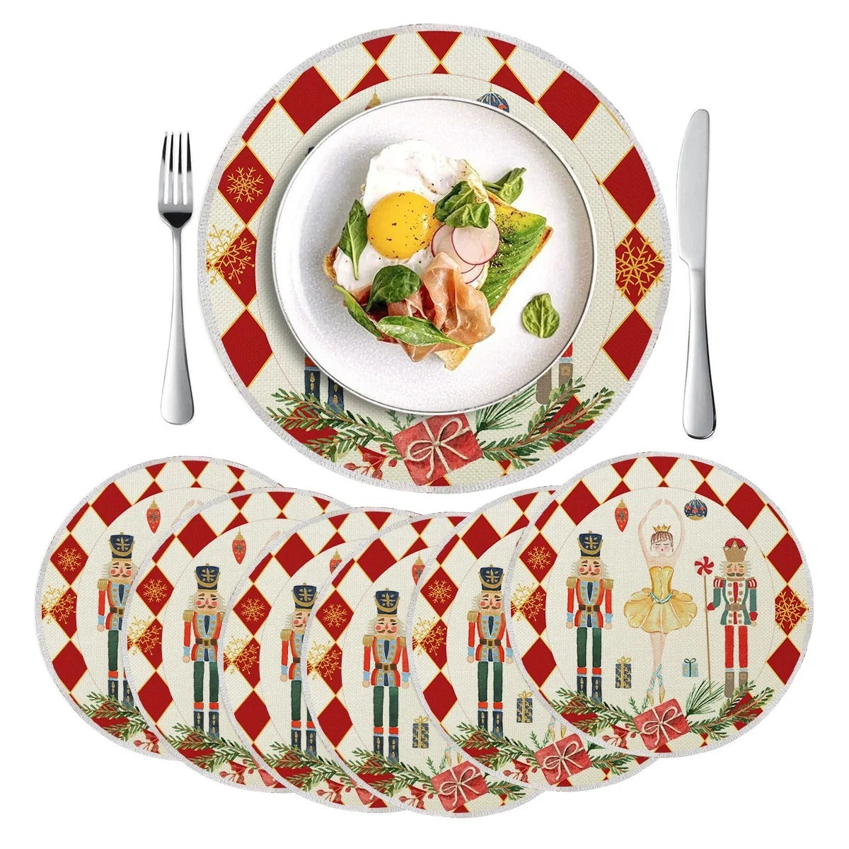 Set of six Christmas round linen placemats with Nutcracker design, displayed with tableware for festive holiday dining.