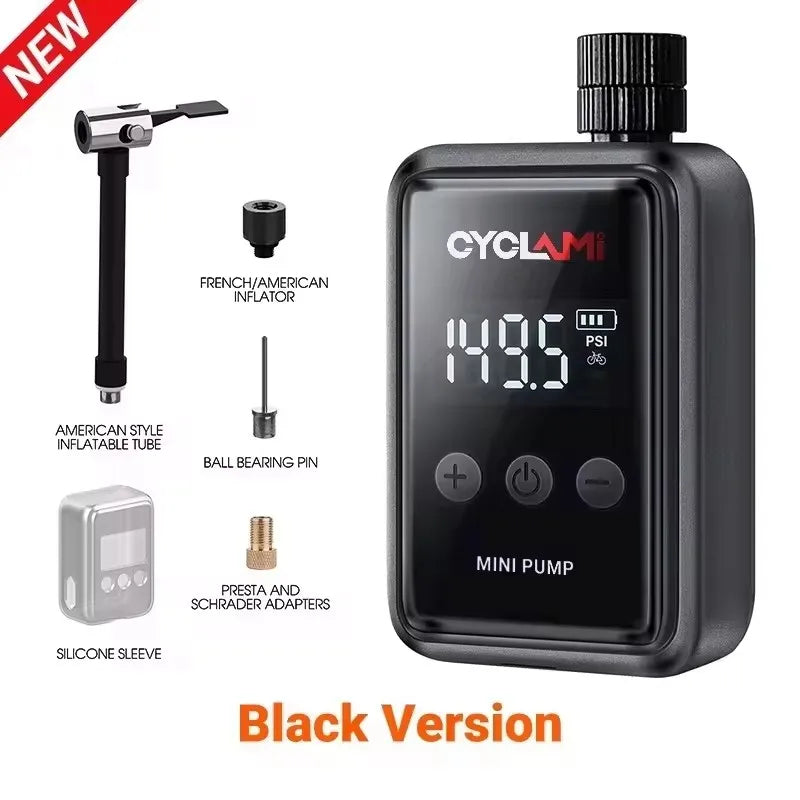Black version of the Mini Inflator - Portable Electric Bike Pump 150Psi with accessories including adapters and inflator tube.