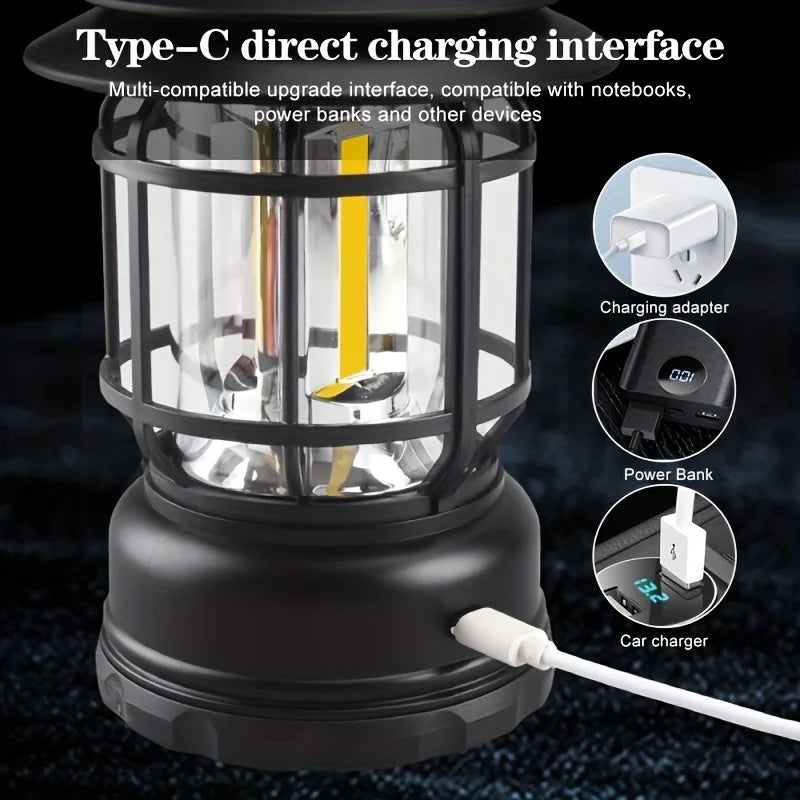 Close-up of Type-C charging interface on retro camping lantern, compatible with power banks and adapters for outdoor use.