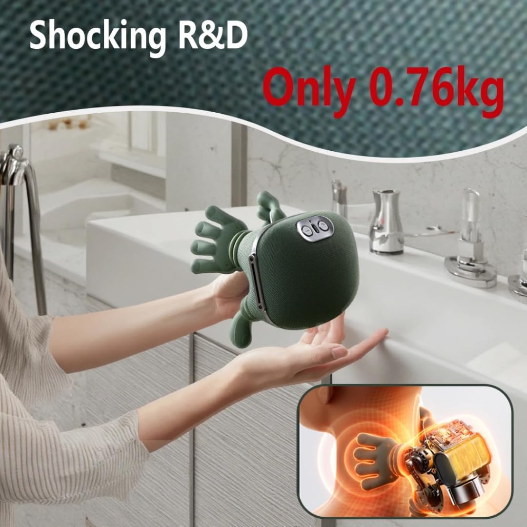 User holding lightweight Bionic Heated Massager near sink, showing 0.76kg design and internal heating mechanism for neck and back relief.
