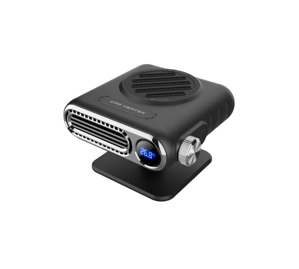 Compact Car Heater & Defogger - 12V/24V | Sleek black design with digital temperature display and rotary control knob.