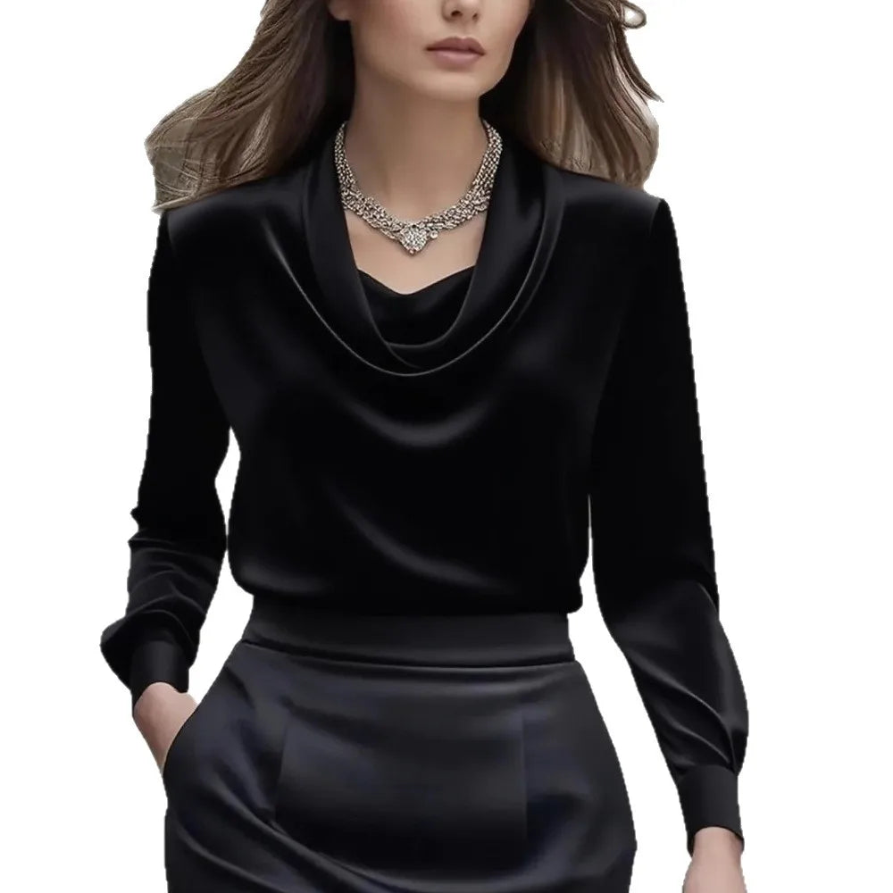 Black silk satin blouse with long sleeves and a vintage draped neckline, ideal for women's classic and professional wardrobe.