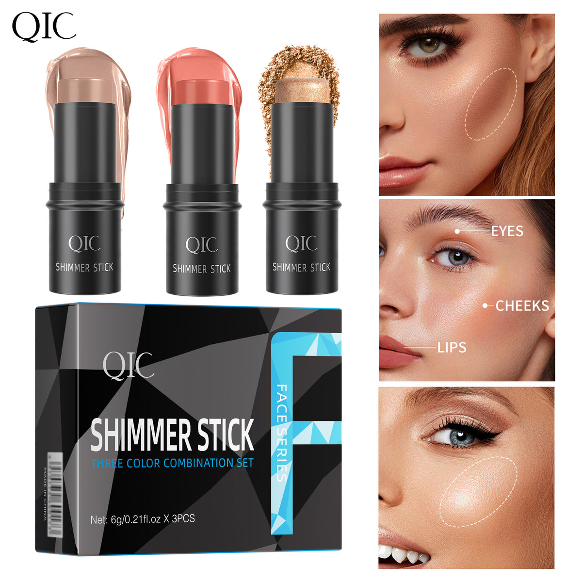 QIC shimmer stick set with face chart showing where to apply contour, blush, and highlight for a lifted, glowing finish.
