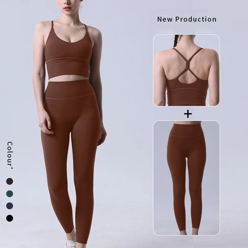 Brown yoga set for women with front and back views, showcasing racerback bra and seamless leggings for activewear.