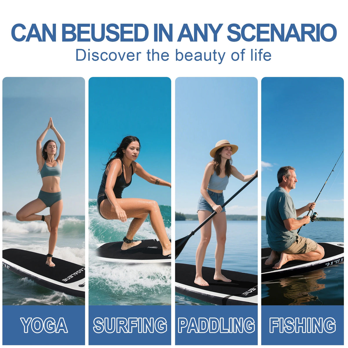 CADALENE SUP Board used for yoga, surfing, paddling, and fishing. Versatile paddleboard ideal for all water activity scenarios and skill levels.