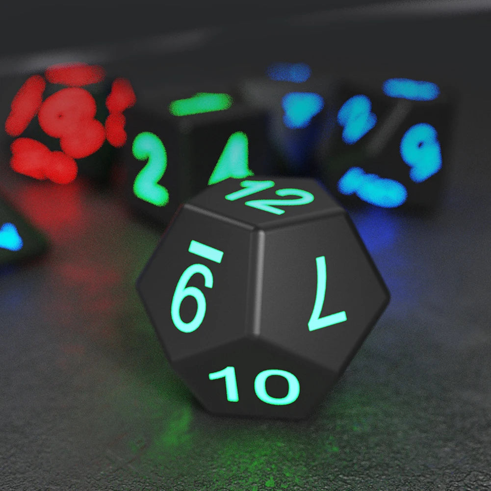 Close-up of a glowing green LED D12 die from the Luminous RPG Dice Set, showcasing vibrant illumination for night gaming sessions.
