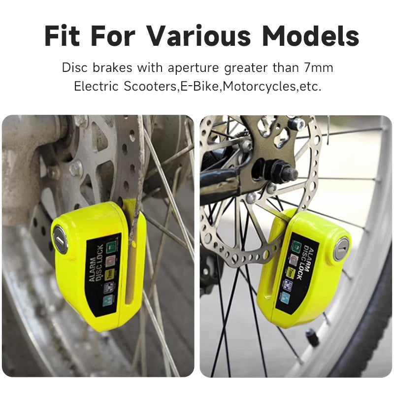 Neon green disc lock compatible with electric scooters, e-bikes, and motorcycles, fits disc brakes with over 7mm aperture.