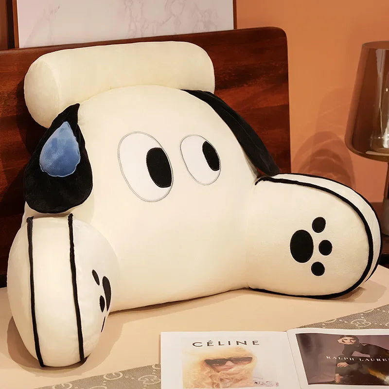 Black and white dog cartoon backrest pillow with paw print arms, designed for lumbar support and whimsical home styling.